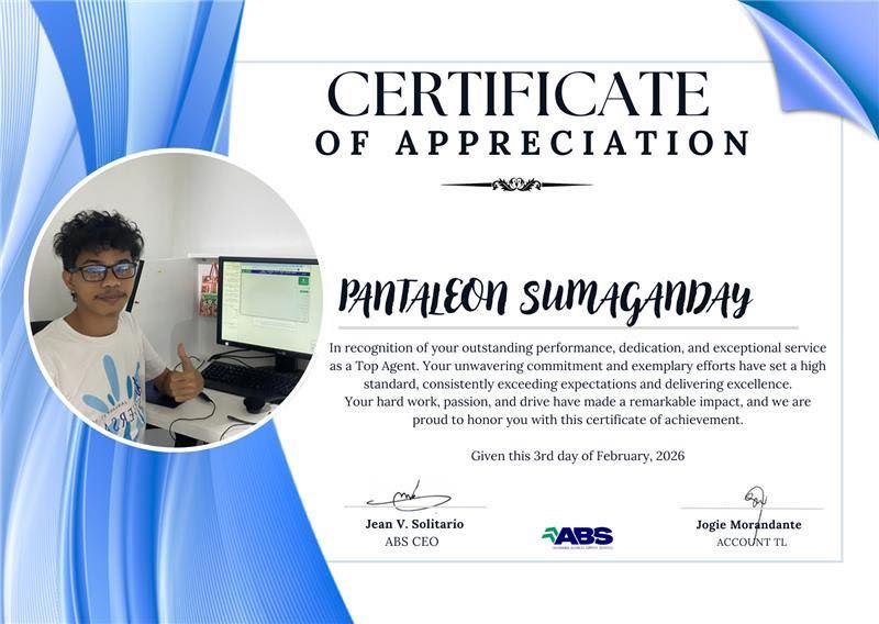 Certificate of Appreciation awarded to Pantaleon Sumaganday. A man gives a thumbs-up. Blue and white colors.