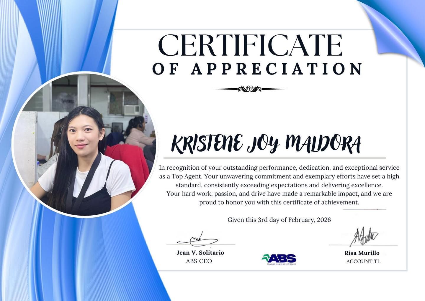 Certificate of Appreciation for Krisiene Joy Maldora with her photo, blue accents.