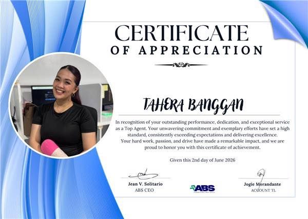 Certificate of appreciation with a woman’s portrait, blue accents, and formal text on a white background