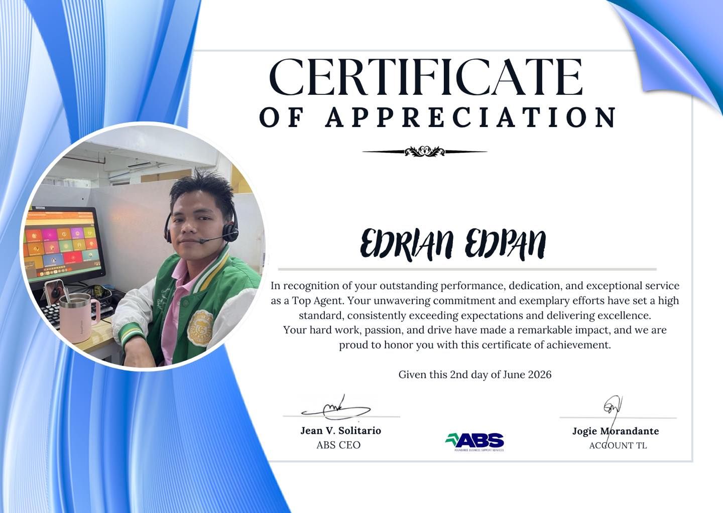 Certificate of Appreciation with blue ribbon design and a portrait photo on the left.