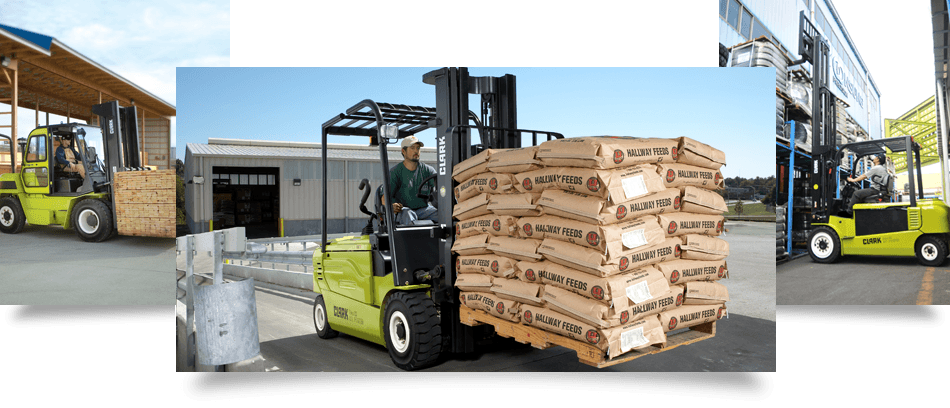 A Clark forklift carrying agricultural feeds efficiently A Clark forklift carrying agricultural feeds efficiently