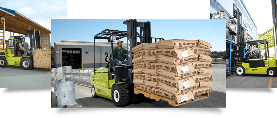 A Clark forklift carrying agricultural feeds efficiently