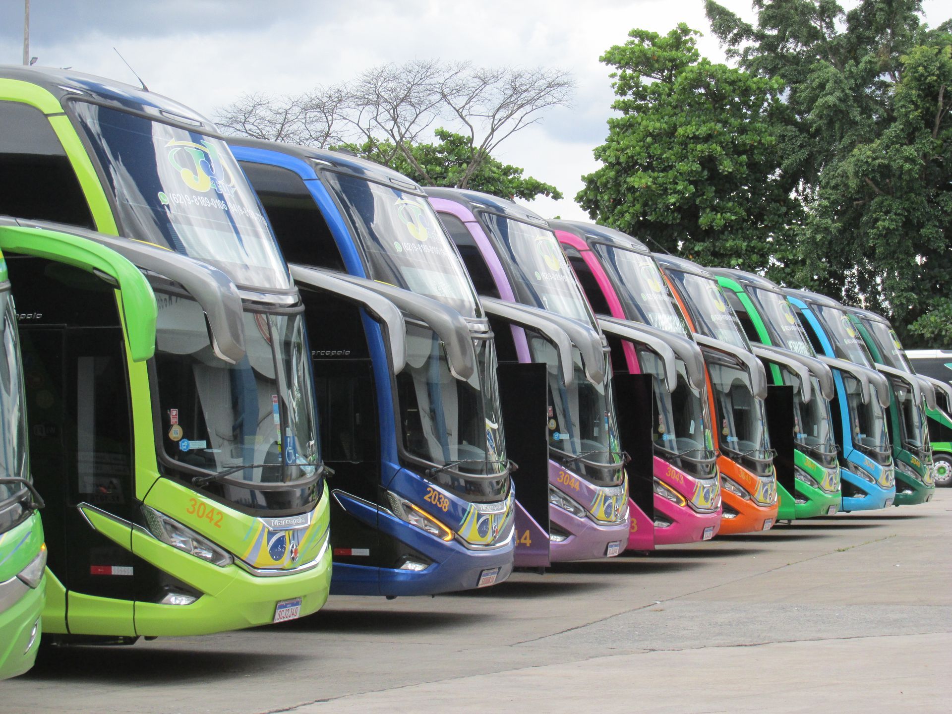 Fila de ônibus de turismo coloridos estacionados em uma área pavimentada, prontos para receber passageiros.
