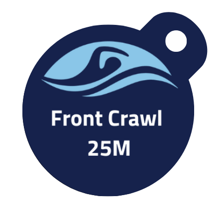A tag that says front crawl 25m on it