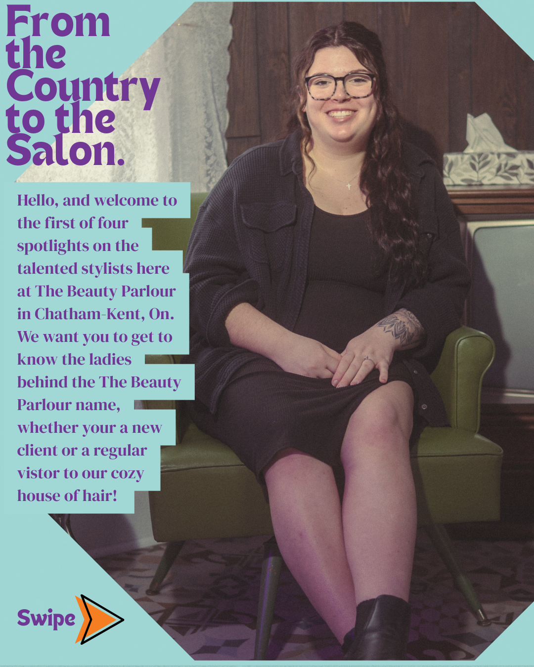 A woman is sitting in a chair with the words from the country to the salon
