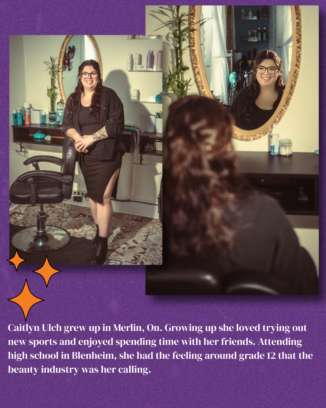 A woman is standing in front of a mirror in a salon.