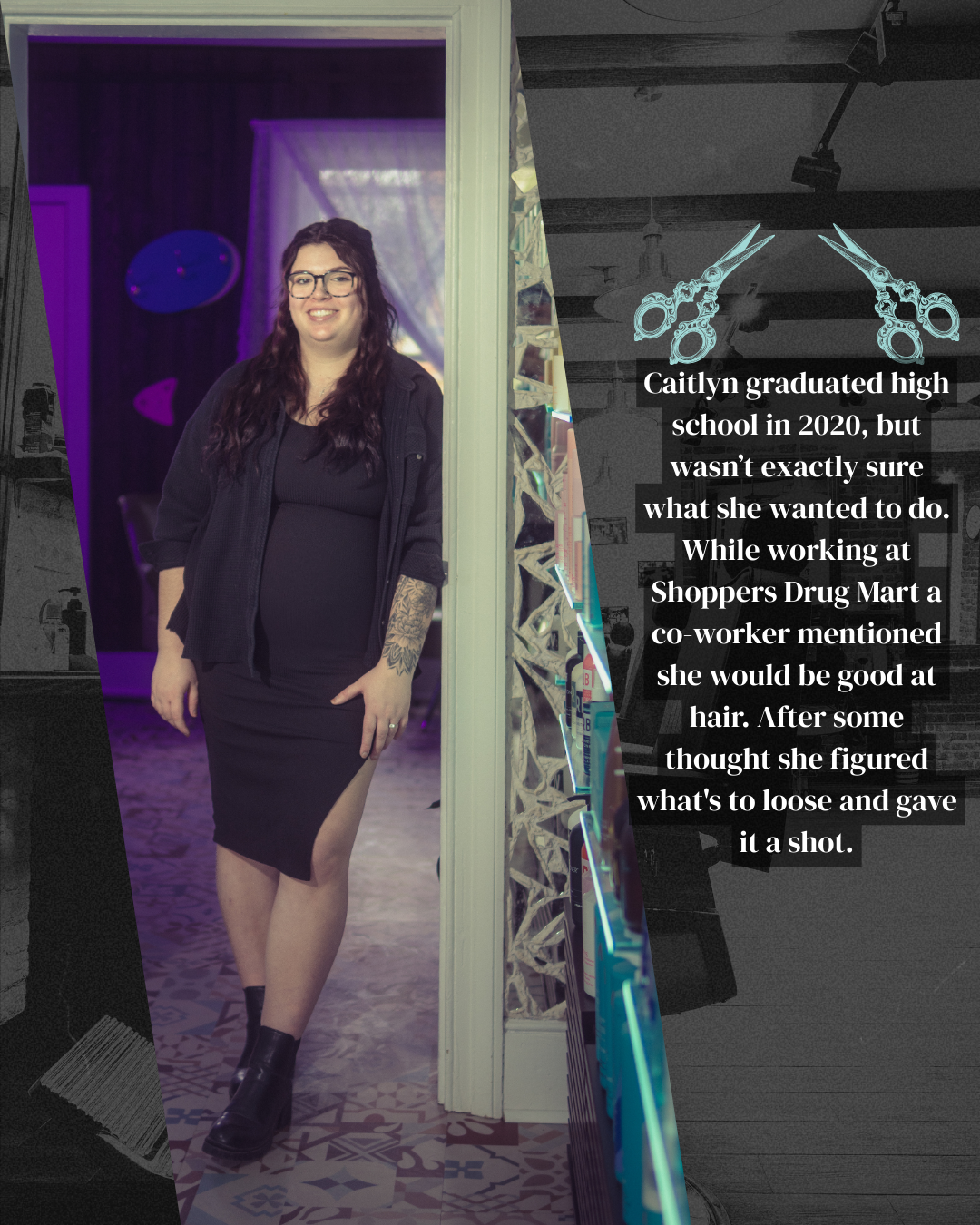 A woman in a black dress is standing in a doorway.