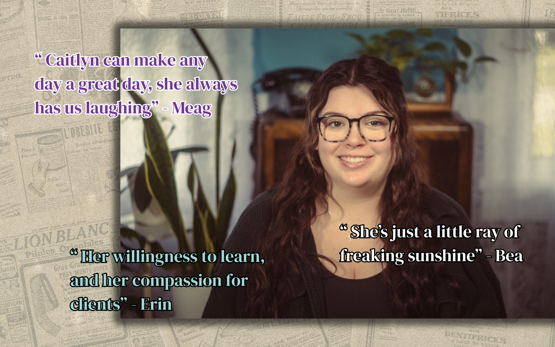 A woman wearing glasses is smiling in front of a map.