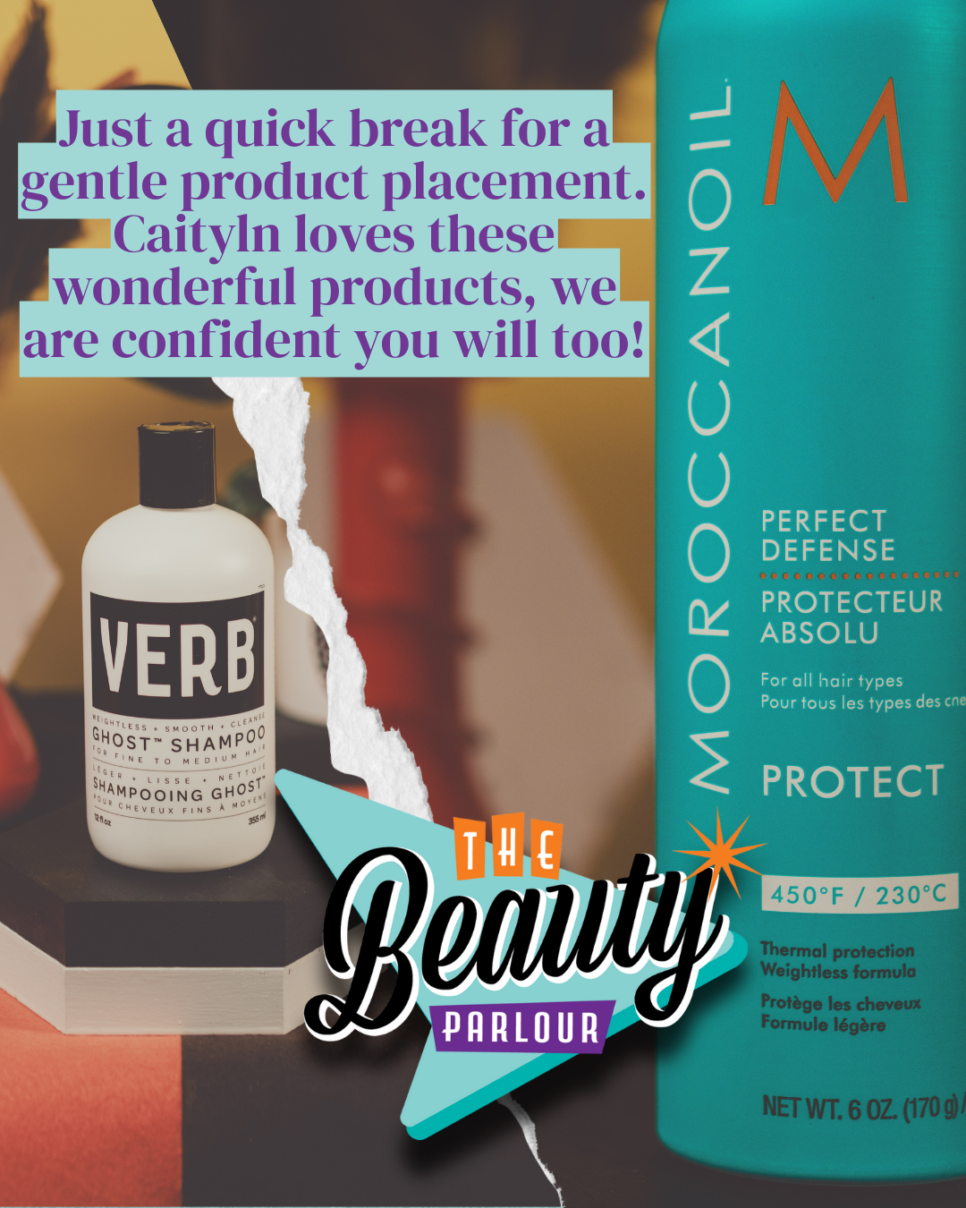 A bottle of moroccanoil protect next to a bottle of verb shampoo
