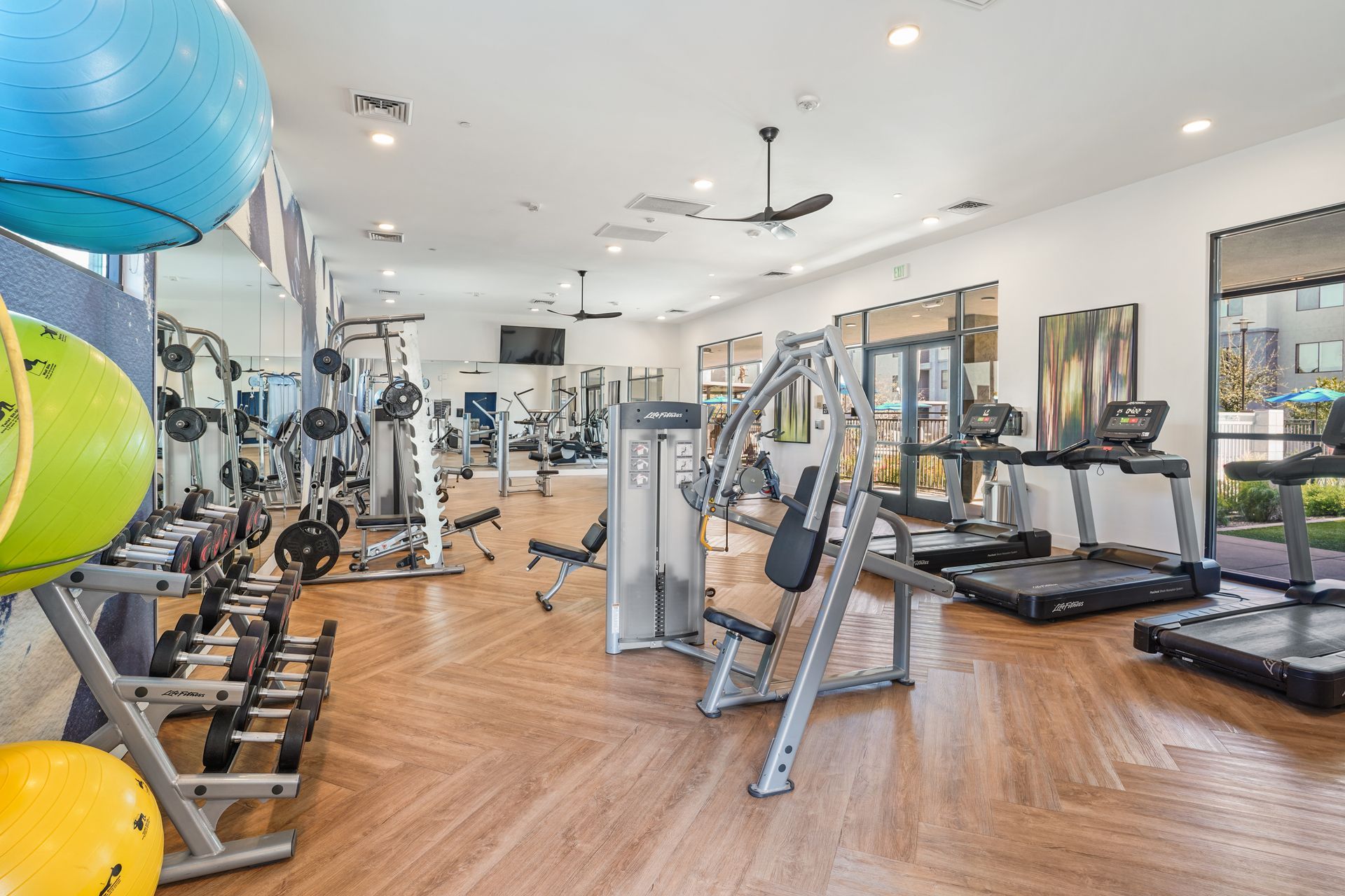 Gym interior with exercise equipment, including treadmills, weights, and machines. Bright and airy space with large windows at Parc South Mountain in Phoenix, AZ..