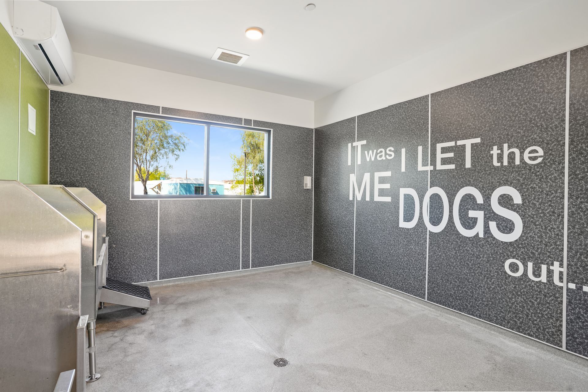 Dog wash room with text 
