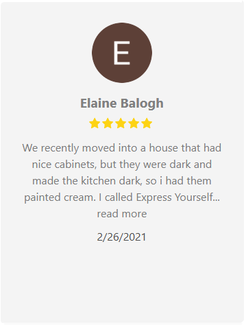 Review by Elaine Balogh: painted cream kitchen cabinets, 5 stars, dated 2/26/2021.