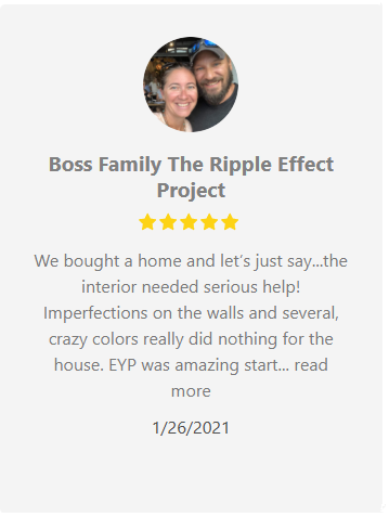 Testimonial with couple's photo, 5-star rating, describing home renovation after purchase.
