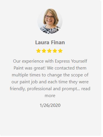 Testimonial from Laura Finan, 5-star review for Express Yourself Paint; describes friendly and professional service.