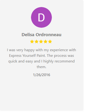 Customer review: Delisa Ordronneau, 5 stars, recommends Express Yourself Paint; process quick and easy. Dated 1/26/2016.