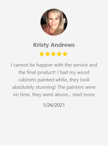 Customer review: Kristy Andrews gives 5-star review for white cabinet painting service, mentions on-time painters.