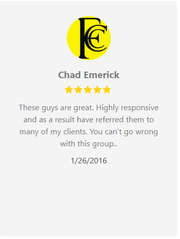 Review from Chad Emerick with five stars; praises responsiveness, and referrals, dated 1/26/2016.