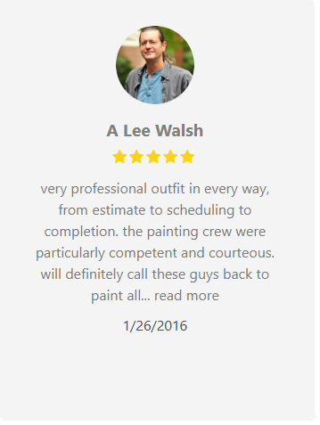 Customer review by A Lee Walsh, 5-star rating, praising the painting crew's professionalism and competence.