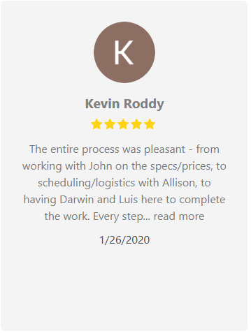 Customer review by Kevin Roddy with 5-star rating, mentions John, Allison, Darwin, and Luis; dated 1/26/2020.
