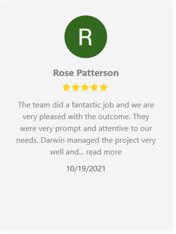 Review from Rose Patterson with 5 stars praising the team's fantastic job, promptness, and Darwin's project management.