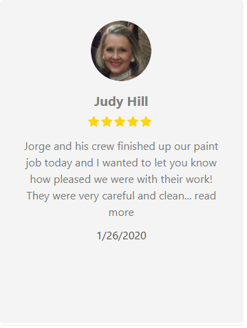 Customer review from Judy Hill, five-star rating, praising Jorge and his crew's paint job; dated January 26, 2020.