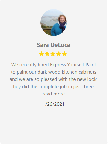 Review from Sara DeLuca: 5-star rating for Express Yourself Paint, praising their work painting kitchen cabinets.