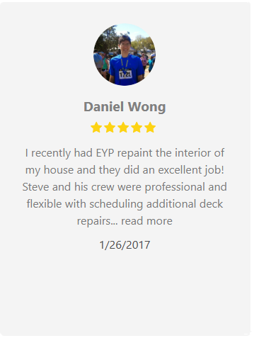 Review by Daniel Wong: praising EYP for repainting interior and deck repairs, excellent job, professional.