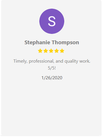 Review from Stephanie Thompson: purple circle with “S”, stars, date.