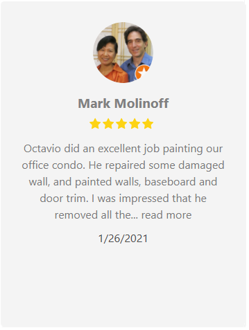 Mark Molinoff review: Octavio painted office condo, repaired wall, painted trim. Two people smiling.