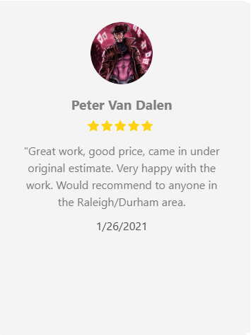 Testimonial by Peter Van Dalen with five-star rating. 