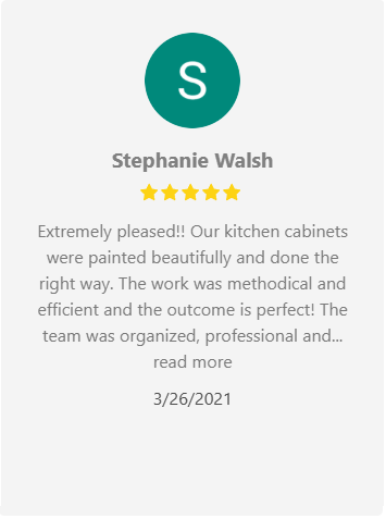 Customer review: Stephanie Walsh, 5 stars, praising painted kitchen cabinets.