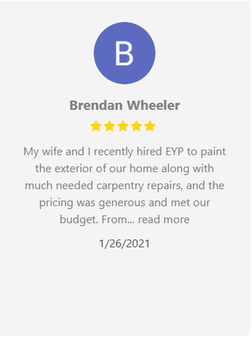 Customer review from Brendan Wheeler: 5-star rating, mentions exterior painting, carpentry repairs, and a budget.