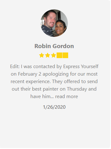 Customer review from Robin Gordon with a photo. The review mentions Express Yourself and a painter.