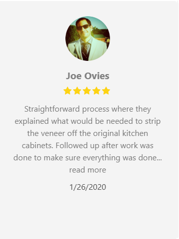 Review of kitchen cabinet work by Joe Ovies: 5-star rating, mentions veneer stripping, follow-up, and 1/26/2020.