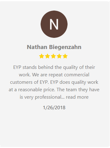 Customer review by Nathan Biegenzahn with 5 stars, praising EYP's quality work and professionalism.