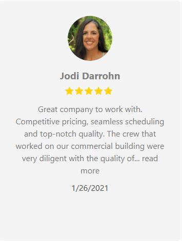Customer testimonial from Jodi Darrohn, with five-star rating, praising the company's quality and scheduling.