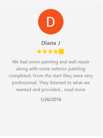 Review by Diana J: 4 of 5 stars, praises professional painting and wall repair service. Dated 1/26/2016.