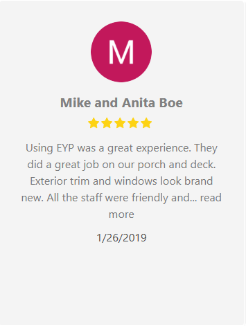 Customer review from Mike and Anita Boe with a 5-star rating. Text reads 
