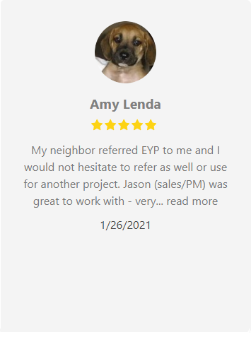 Customer testimonial with a dog's photo, 5-star rating, and text praising Jason. Dated 1/26/2021.
