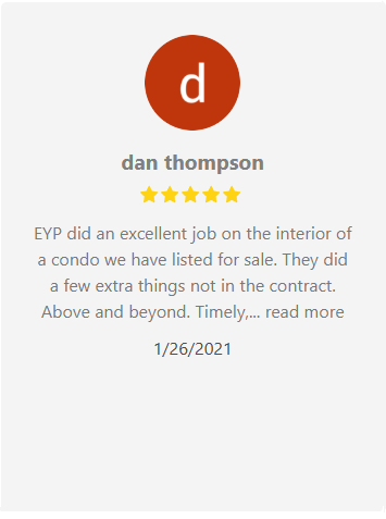 Customer review by Dan Thompson: 5-star rating, praising EYP for excellent interior work on a condo listed for sale.