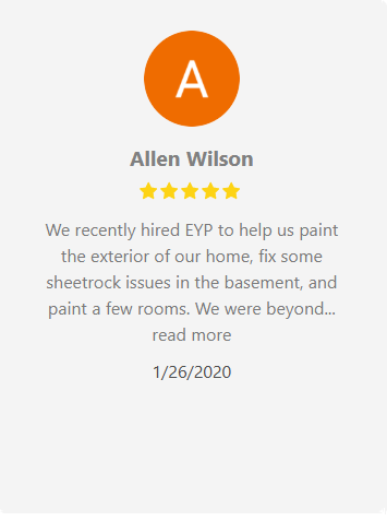 Customer review from Allen Wilson: five-star rating, hired EYP for painting, sheetrock, and room painting. Dated 1/26/2020.