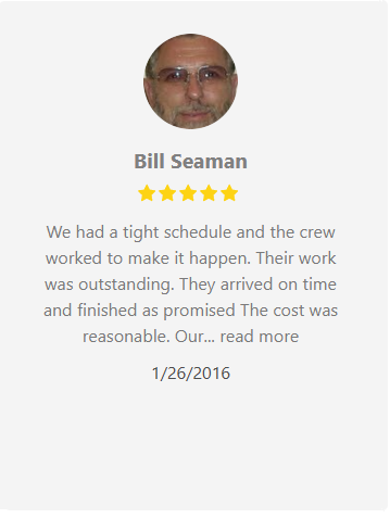 Customer review from Bill Seaman: praising work on a tight schedule. Includes photo of Bill.