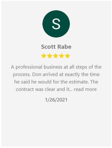 Customer review by Scott Rabe with five stars, stating professional service and clear contract.