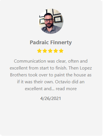 Customer review: Padraic Finnerty, 5-star rating, praises clear communication and excellent painting by Lopez Brothers.