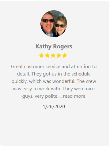 Customer review by Kathy Rogers. Includes a photo of a couple with a 5-star rating and a quote about great service.