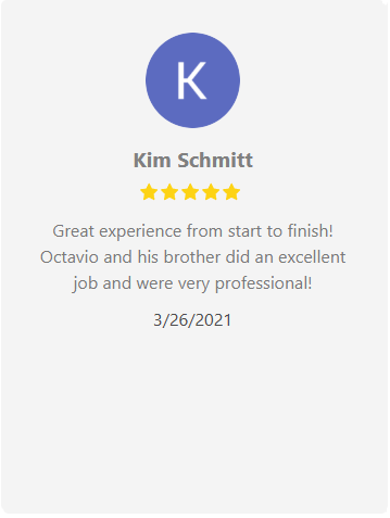 Review from Kim Schmitt: 5-star rating.excellent and professional service. Dated 3/26/2021.