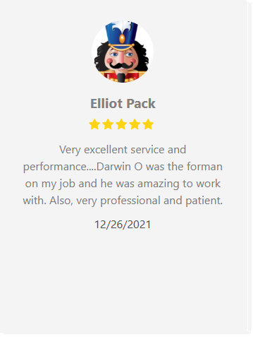 Review from Elliot Pack, with a nutcracker profile, praising Darwin O's excellent service and professionalism on a job.