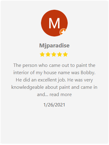 Review with a 5-star rating by Mjparadise praising Bobby's excellent interior painting job.