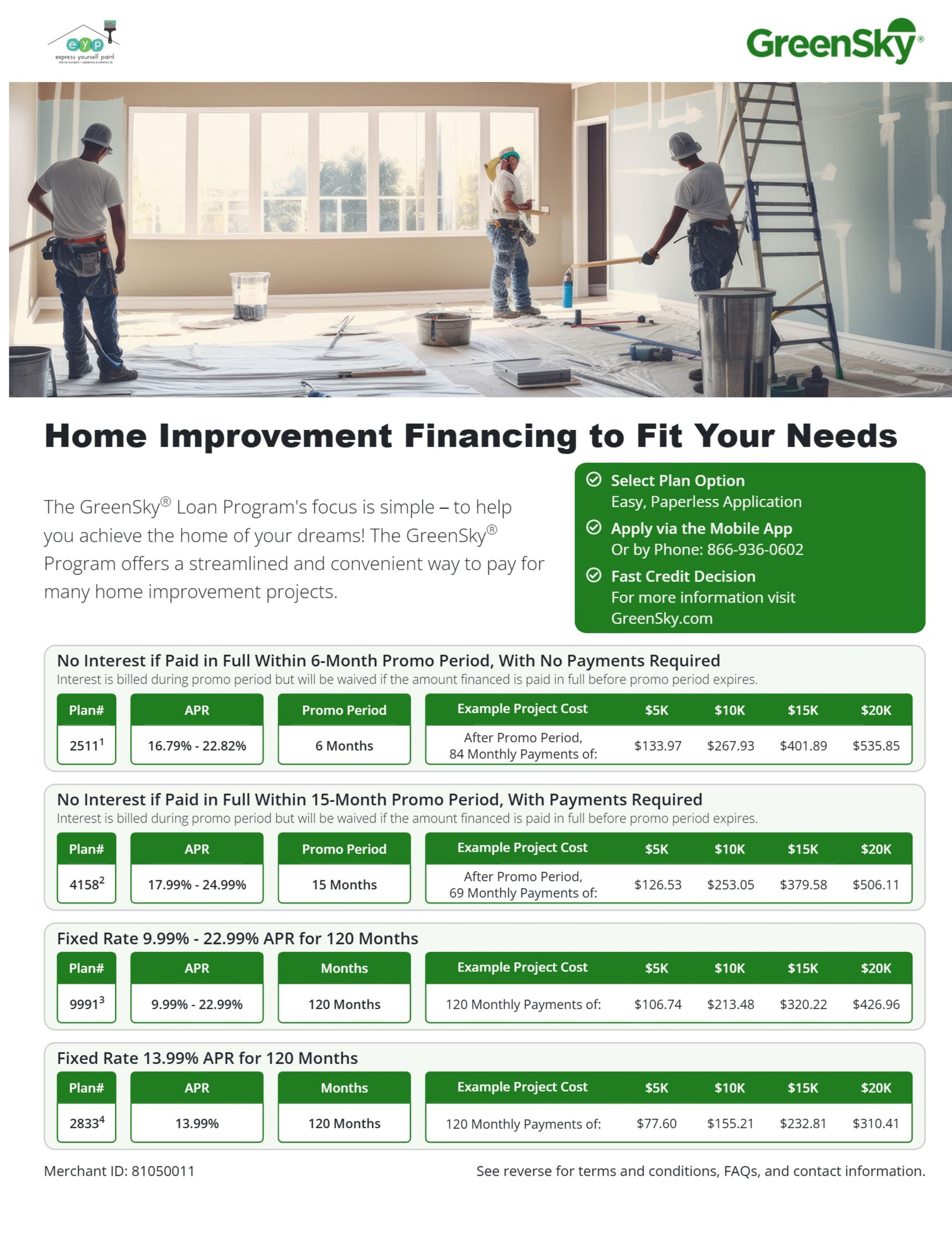 Home improvement financing flyer with construction workers, GreenSky logo, and rate information.