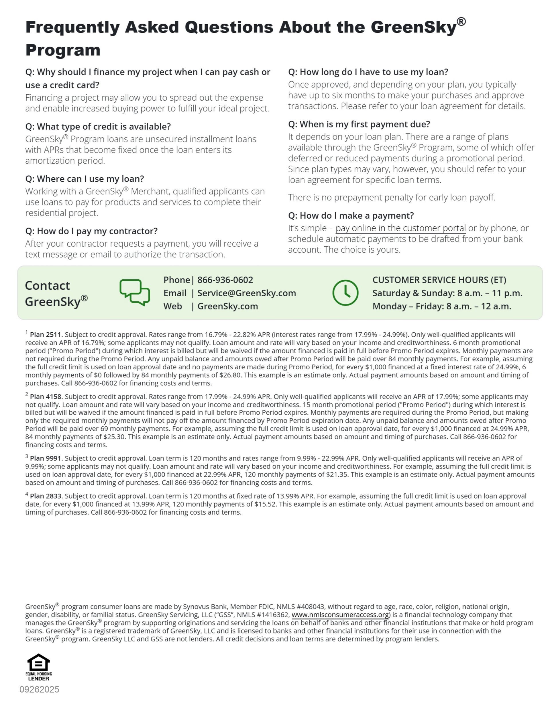 FAQs about the GreenSky program, with contact information and customer service hours.